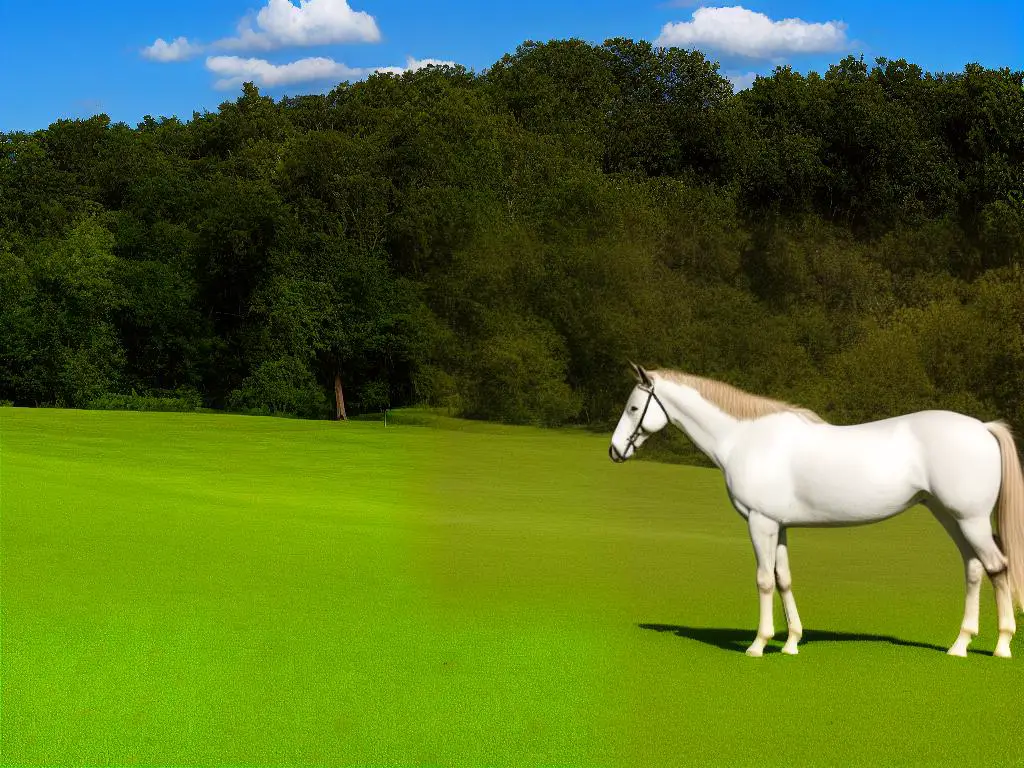 A beautiful golden colored warmblood horse with a white mane and tail, standing in a green field with trees in the background