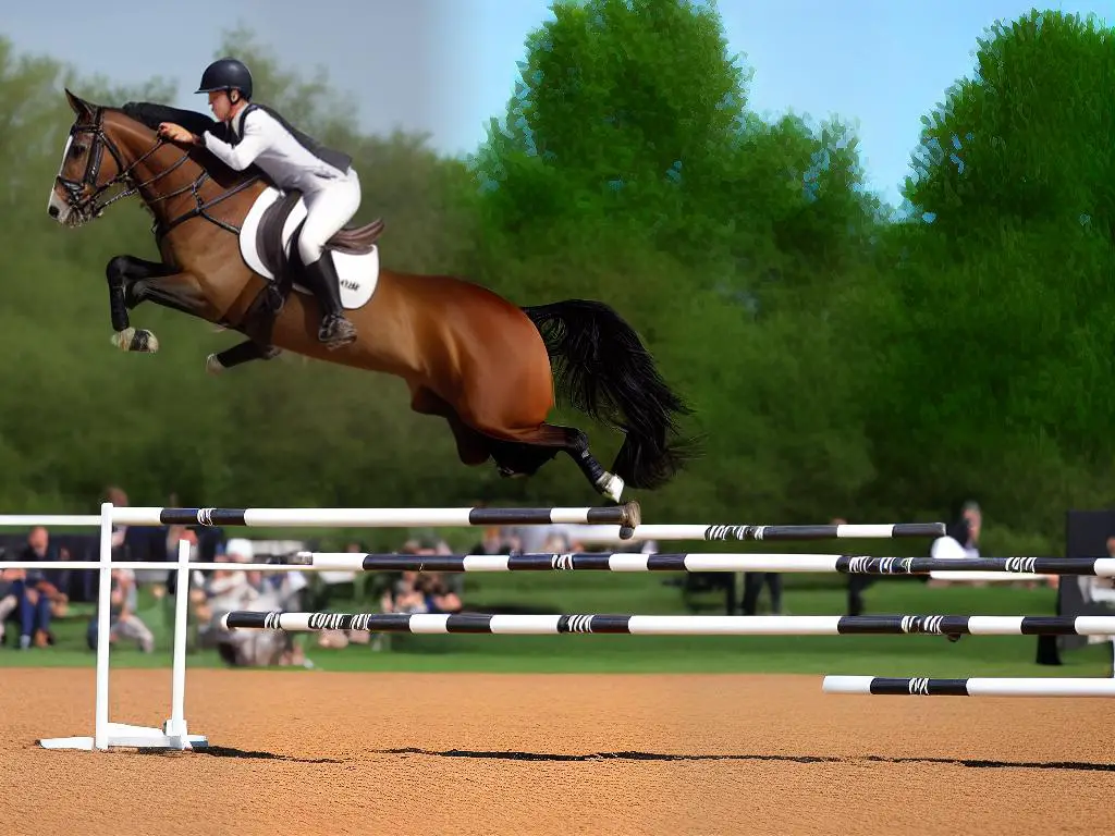 A beautiful brown and white warmblood sport horse jumping over an obstacle at a competition, captivating the audience with its agility and strength.